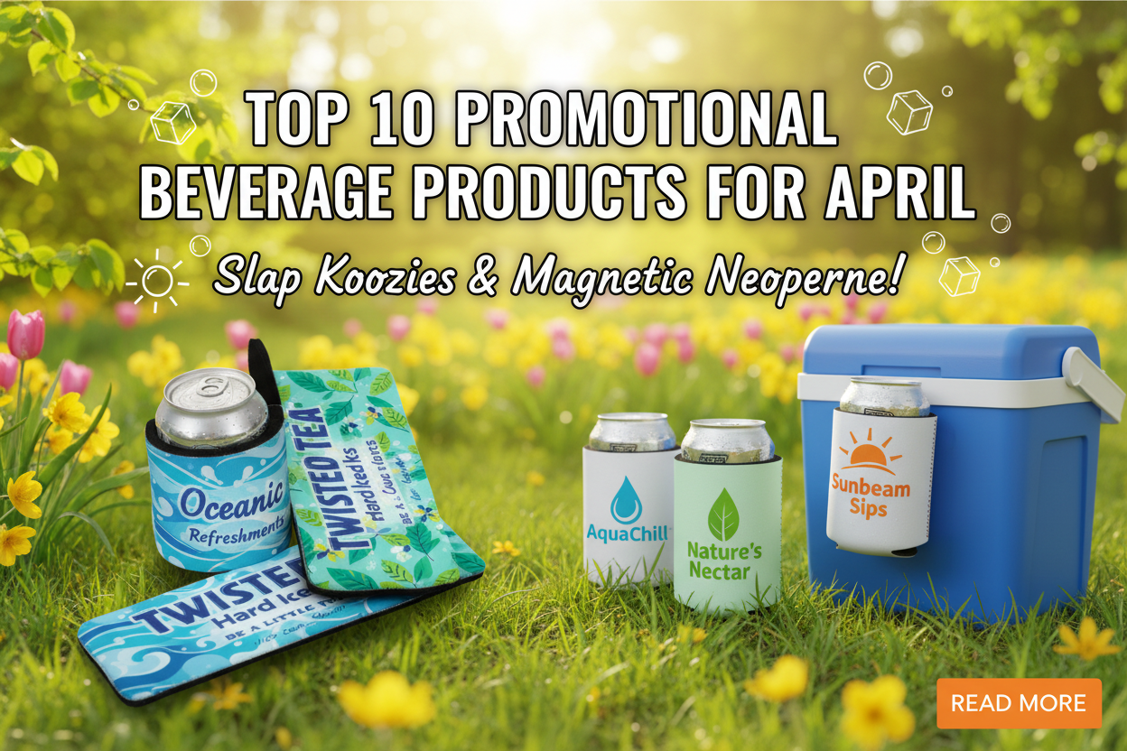 Top 10 promotional beverage products for April 2026 including slap koozies and magnetic neoprene can koozies with custom logo imprints for spring events and trade shows